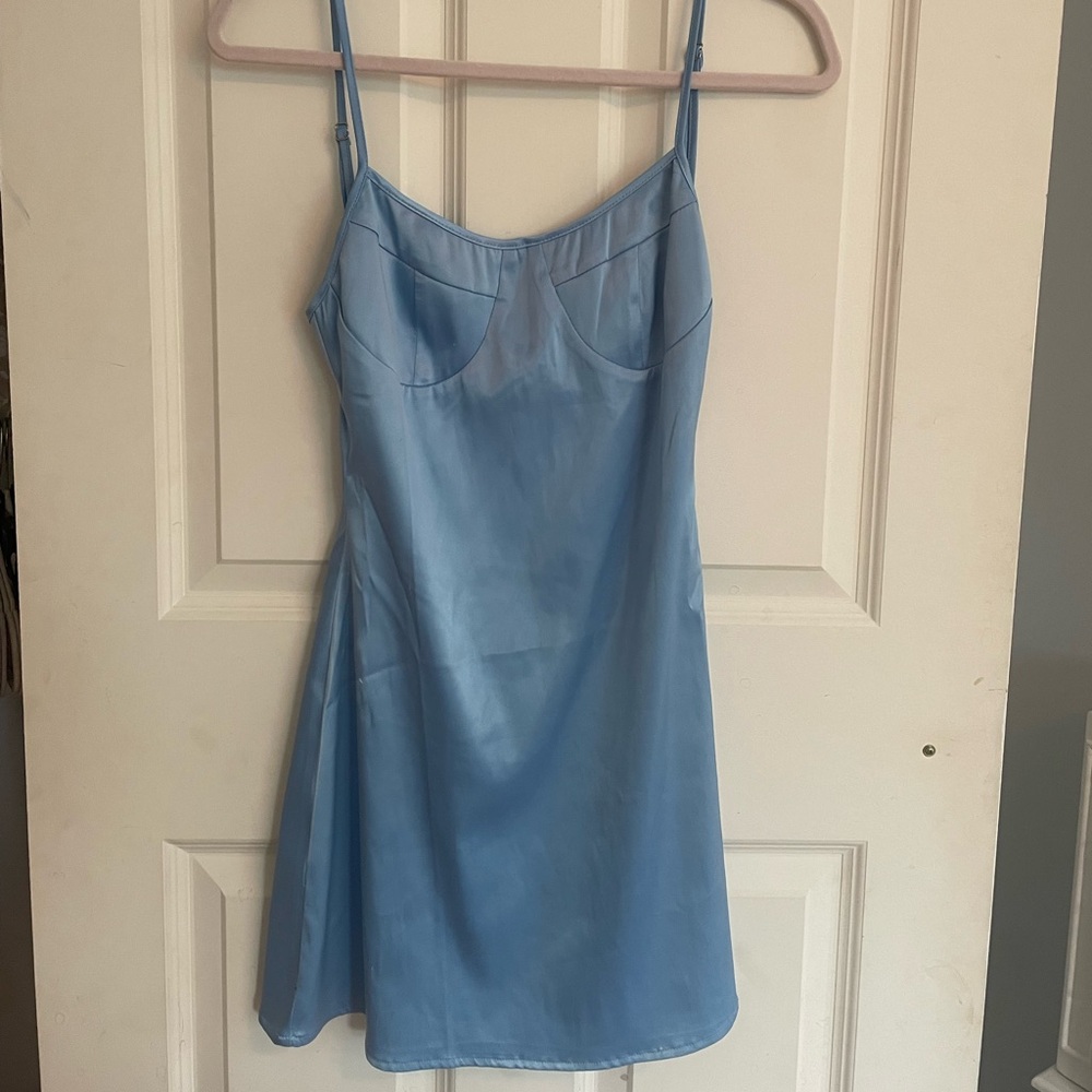 Blue silk dress.
